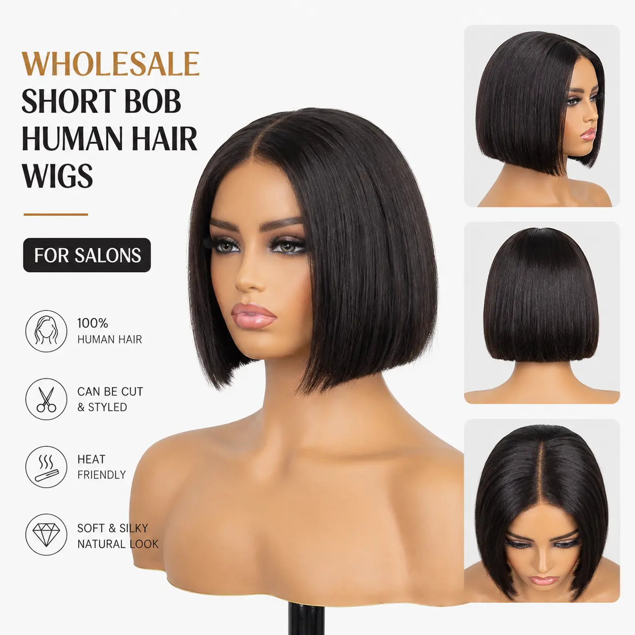 Wholesale short bob human hair wigs for salons and beauty businesses