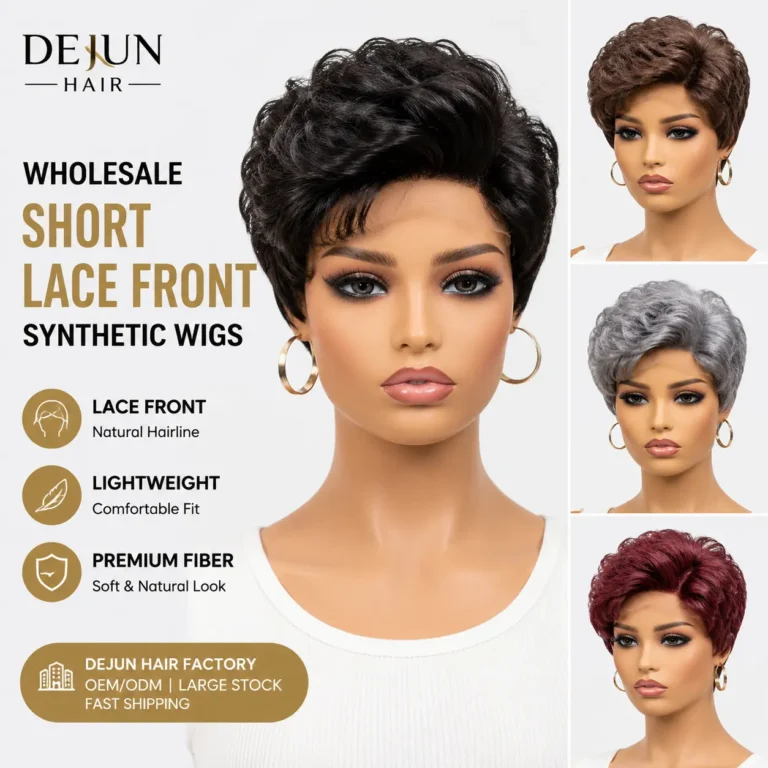 Wholesale short lace front synthetic wigs from Dejun Hair factory for wig retailers and beauty businesses