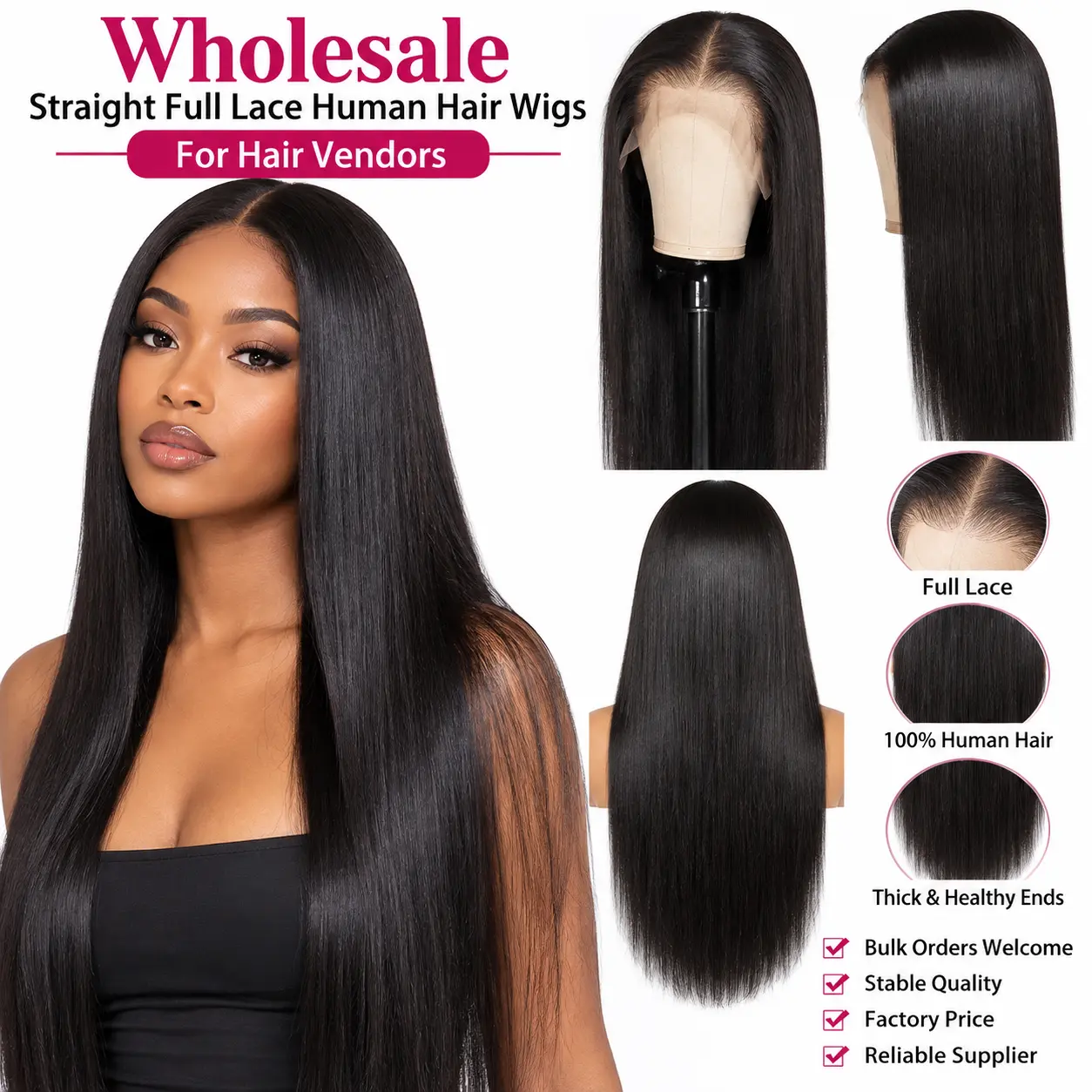 Wholesale straight full lace human hair wigs for hair vendors and salons