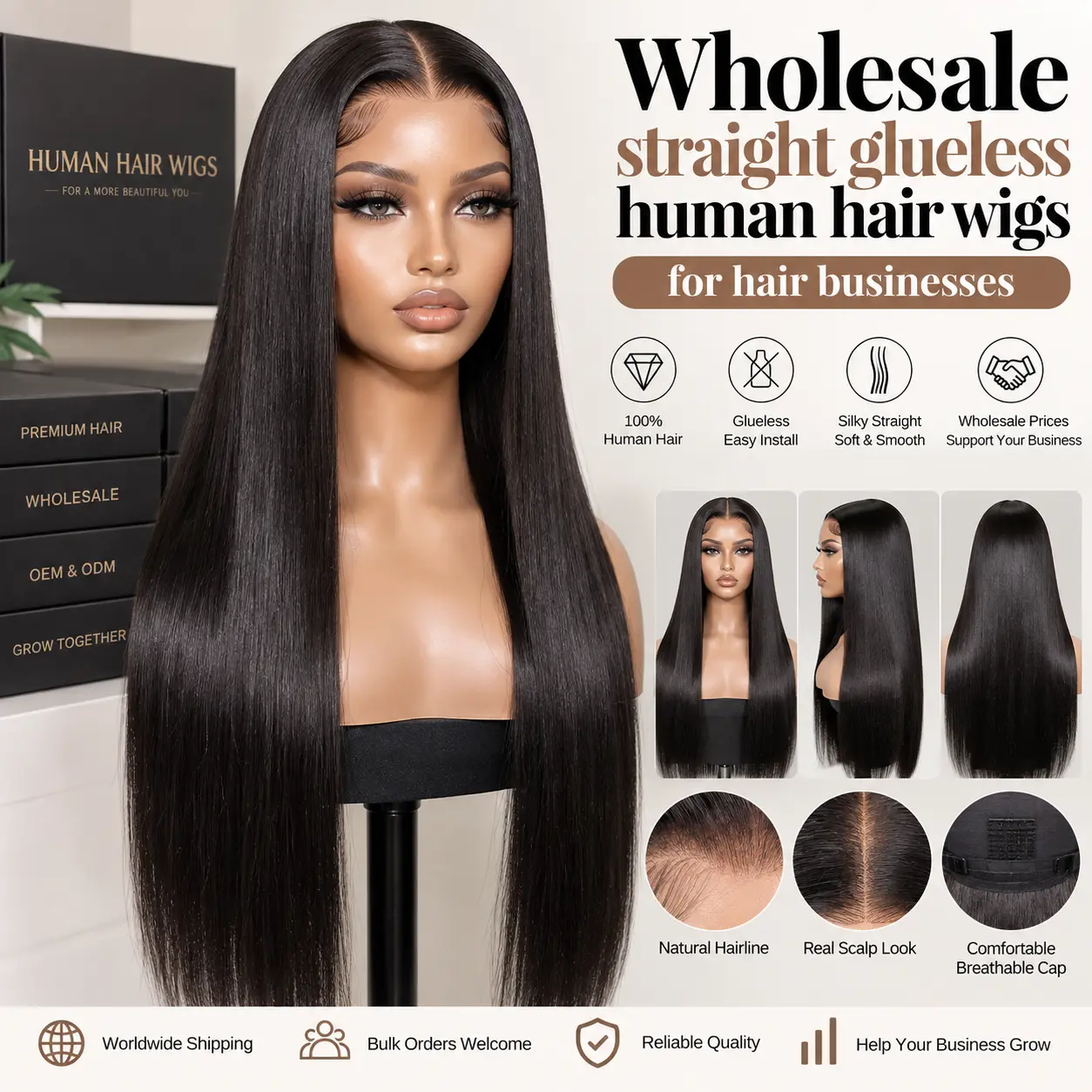 Wholesale straight glueless human hair wigs for hair businesses