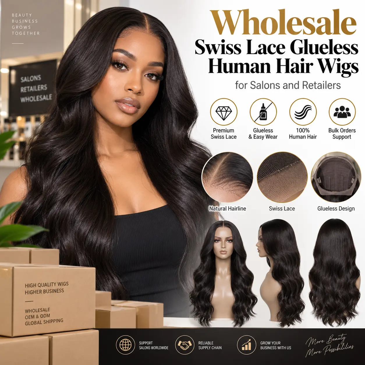 Wholesale Swiss lace glueless human hair wigs for salons and retailers