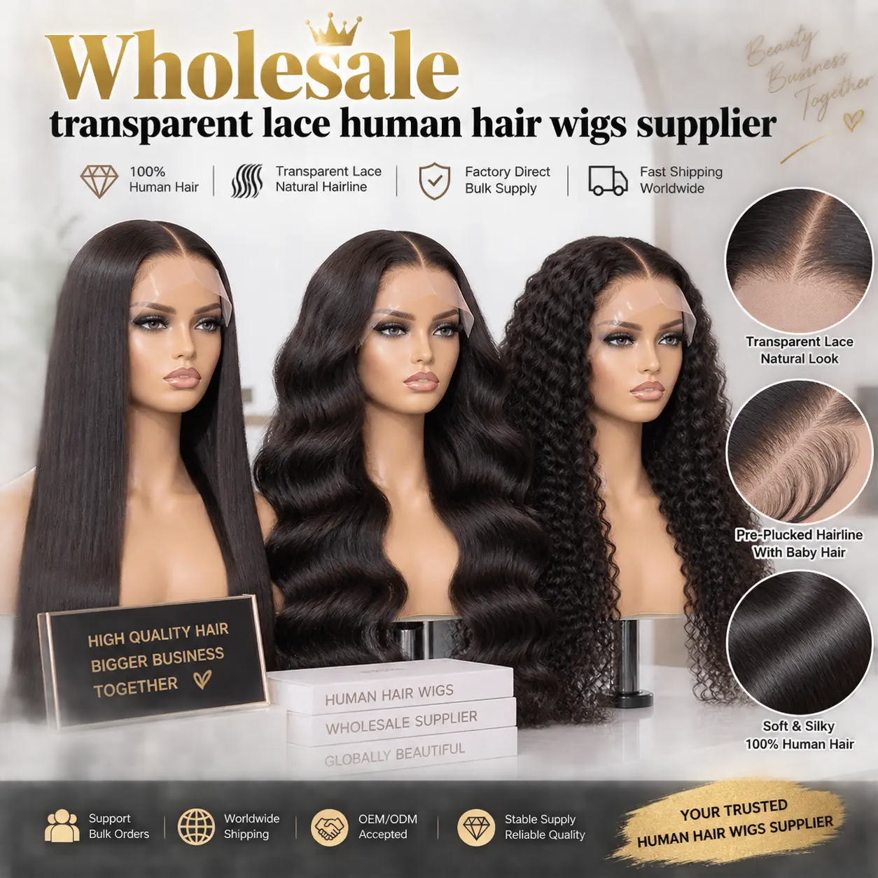 Wholesale transparent lace human hair wigs supplier for salons and wig retailers