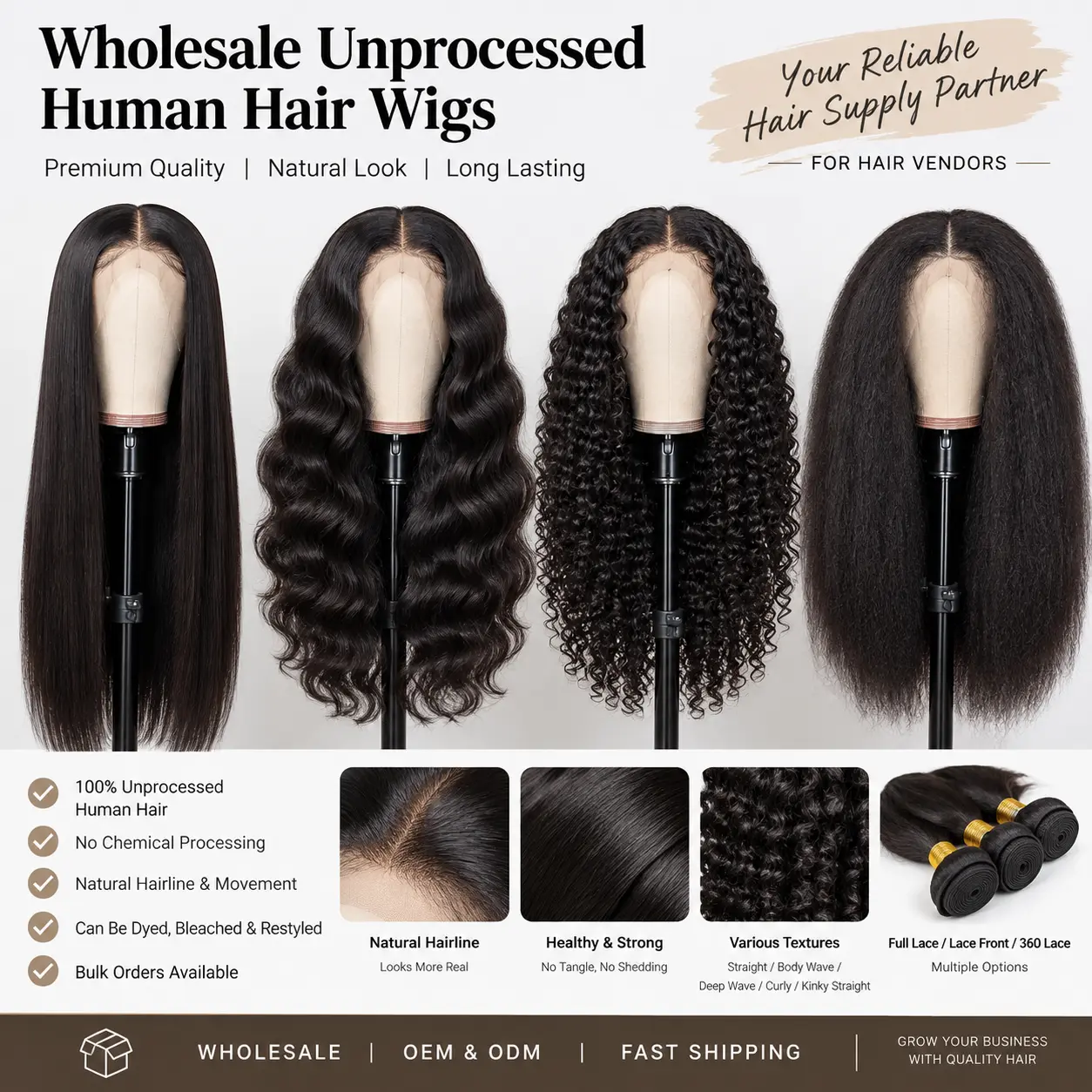 Wholesale unprocessed human hair wigs for hair vendors