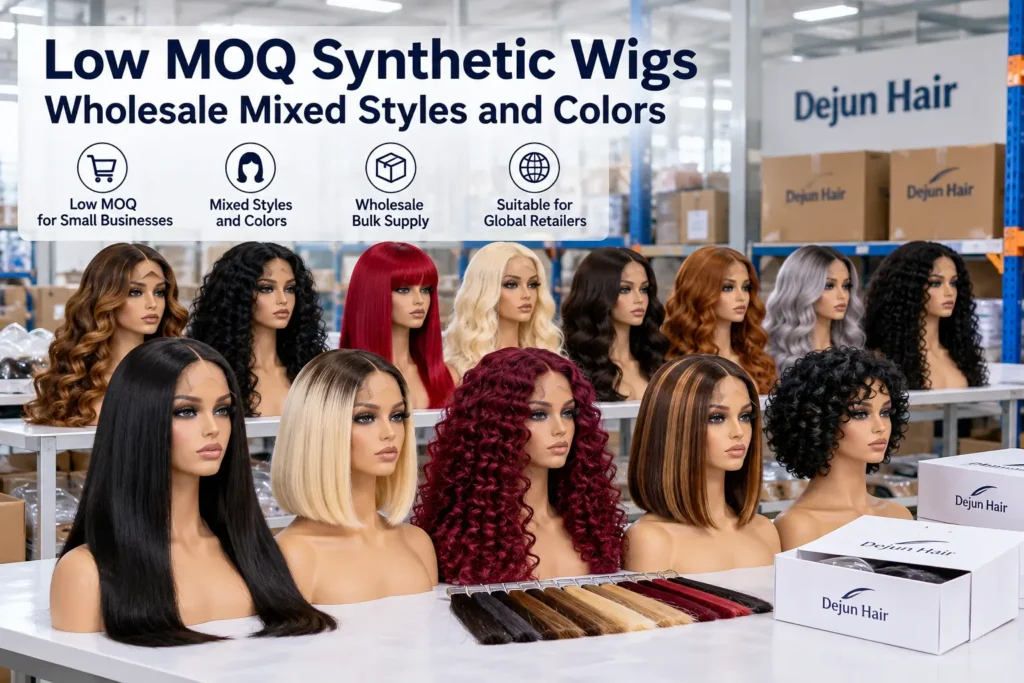 Low MOQ synthetic wigs wholesale in mixed styles and colors from Dejun Hair for beauty supply stores and hair retailers