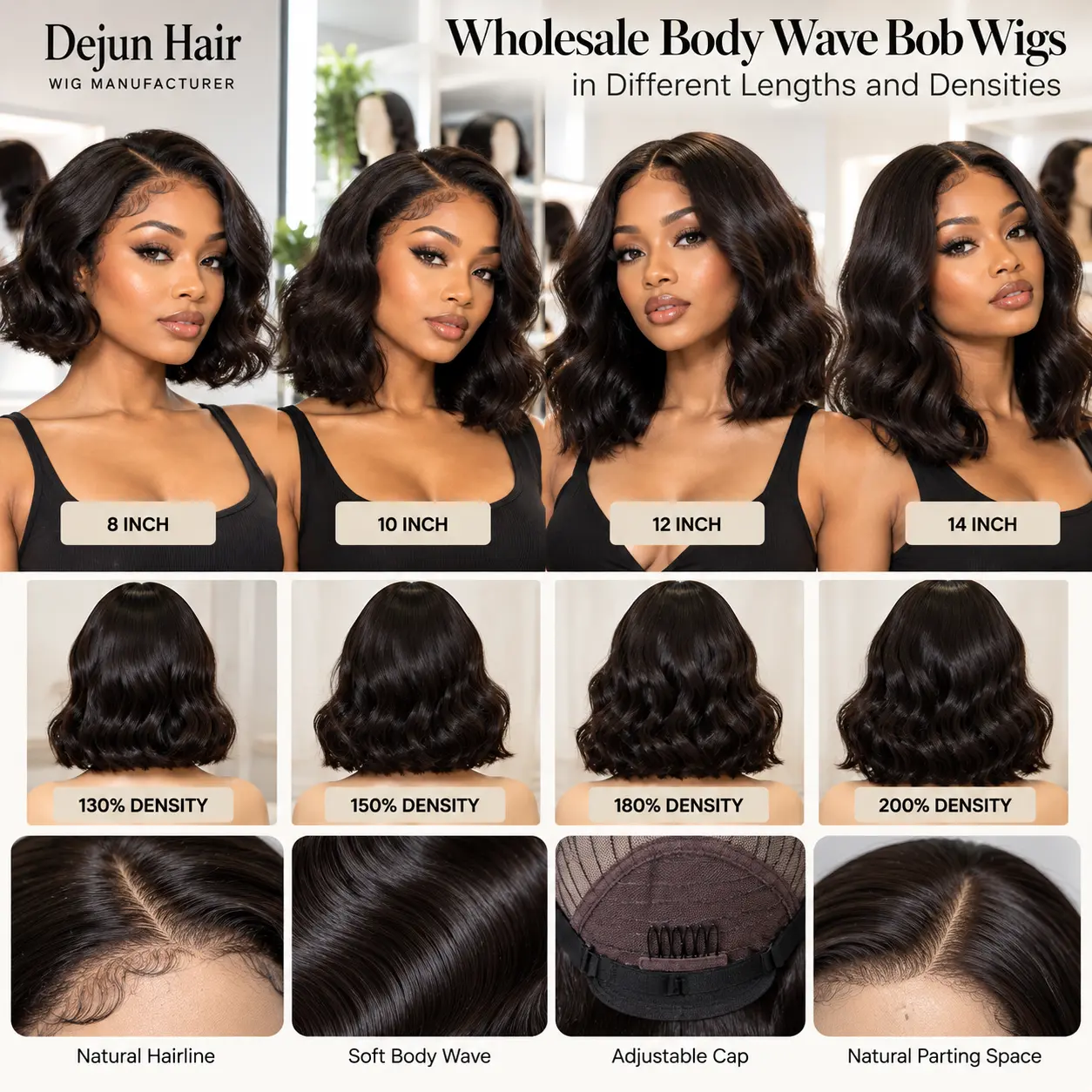 Body wave bob wigs in different lengths and densities for wholesale wig buyers