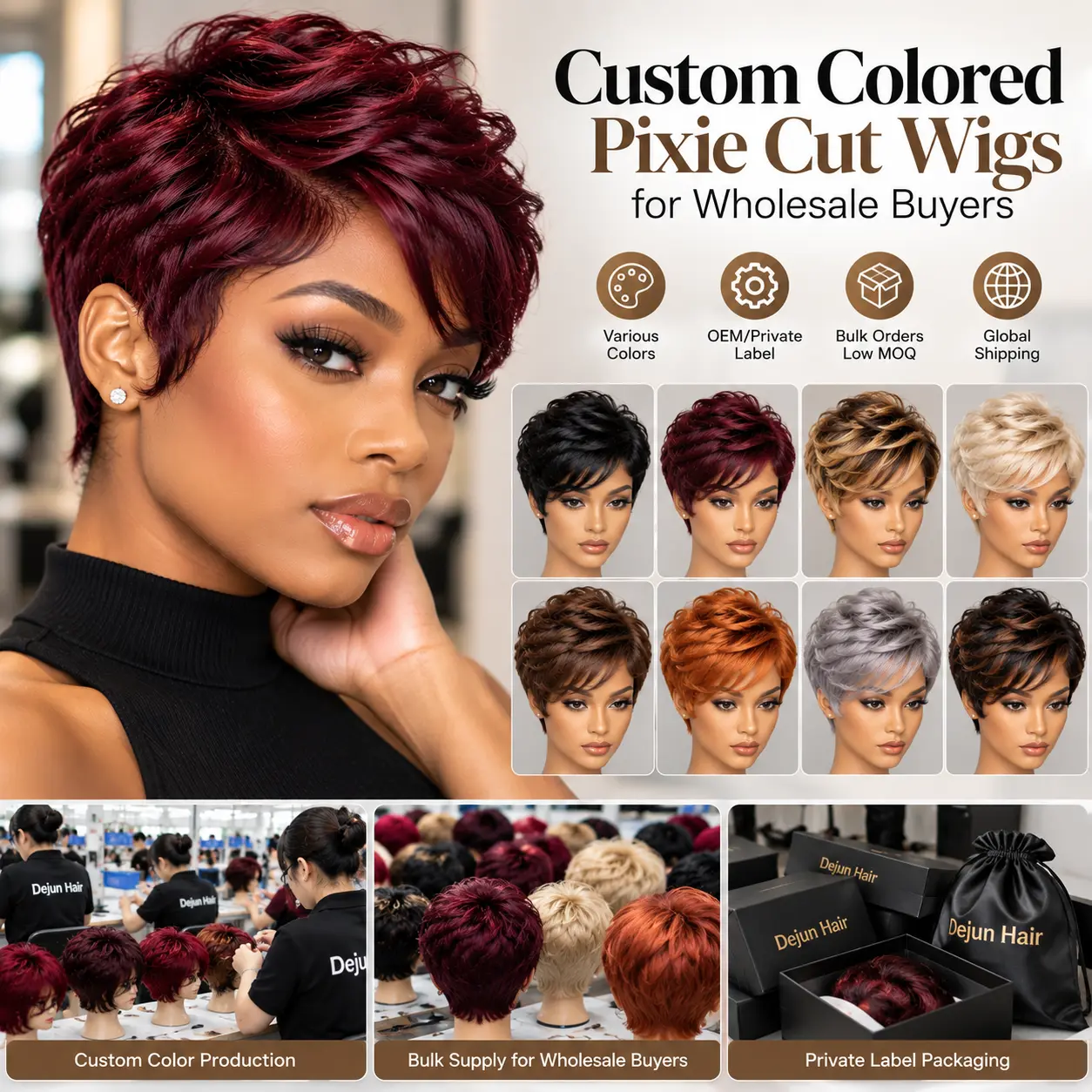 Custom colored pixie cut wigs for wholesale buyers and private label brands