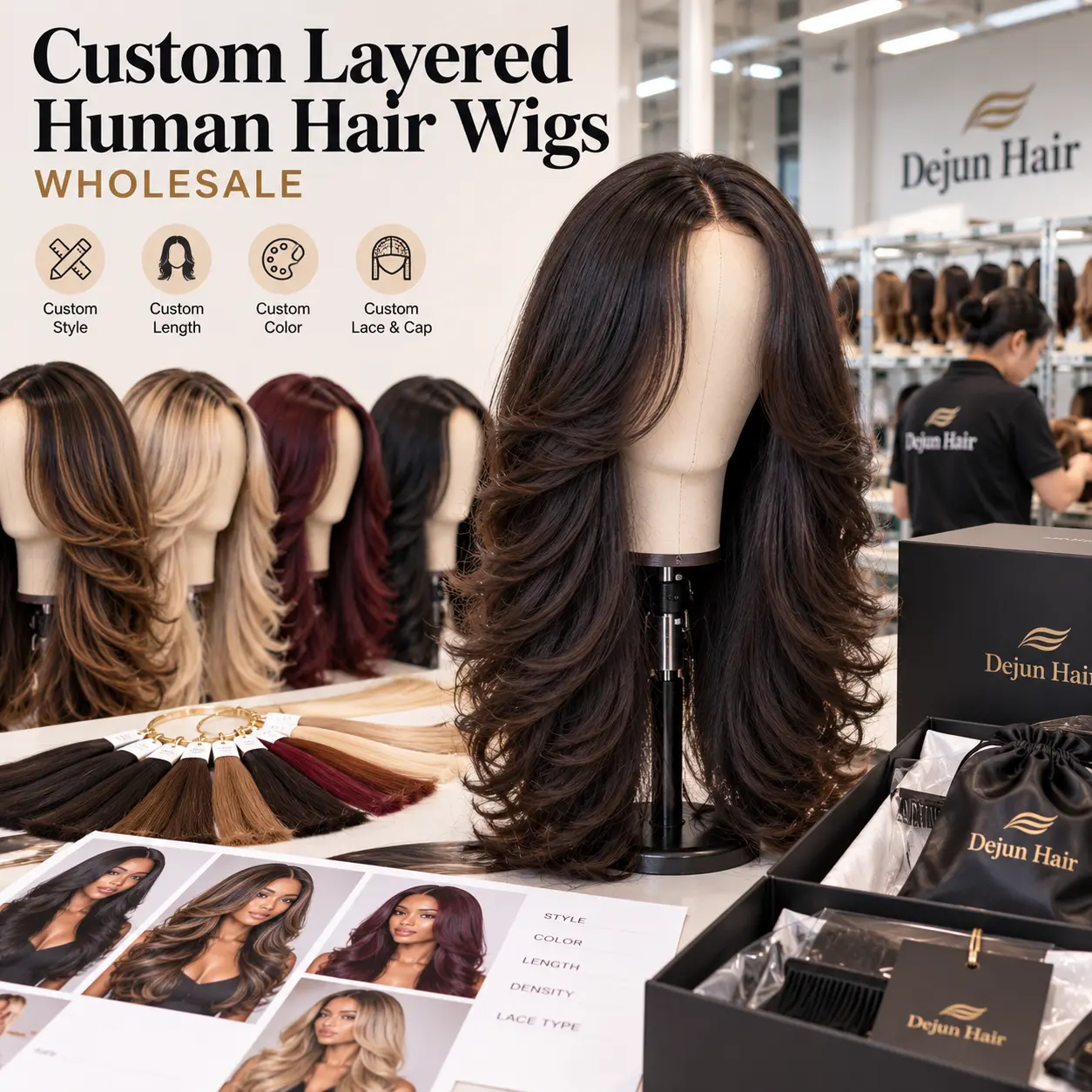 Custom layered human hair wigs wholesale with color length and lace options