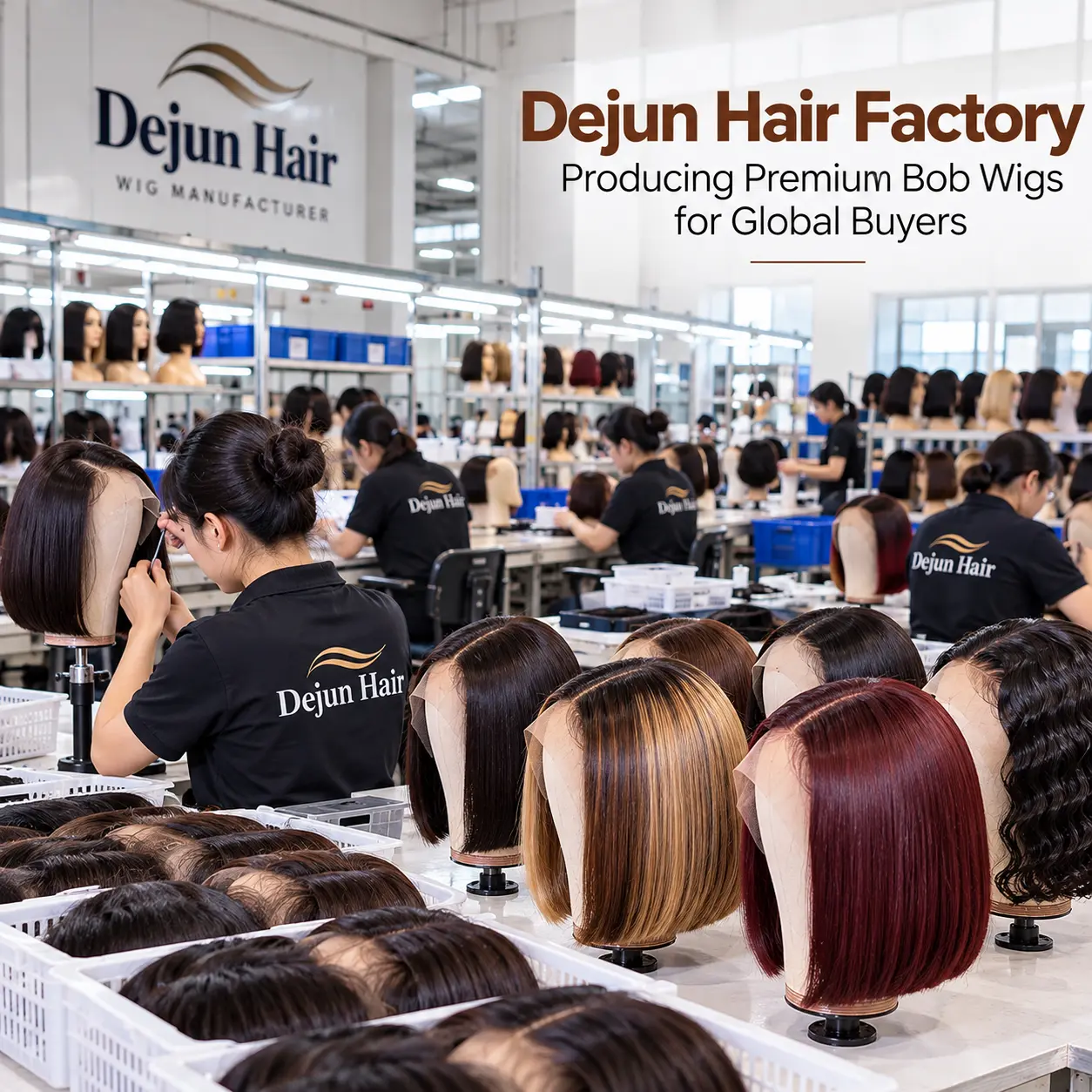 Dejun Hair factory producing premium bob wigs in China for wholesale buyers and global hair businesses