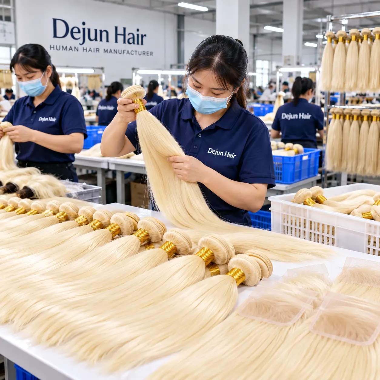 Dejun Hair factory workers inspecting 613 blonde human hair bundles during wholesale production