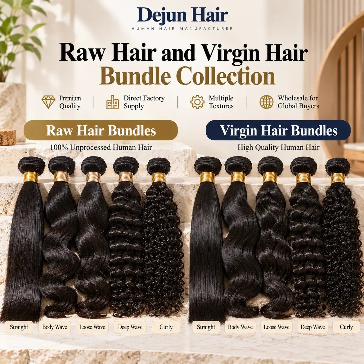 Dejun Hair raw and virgin human hair bundles wholesale collection featuring straight, body wave, loose wave, deep wave and curly textures