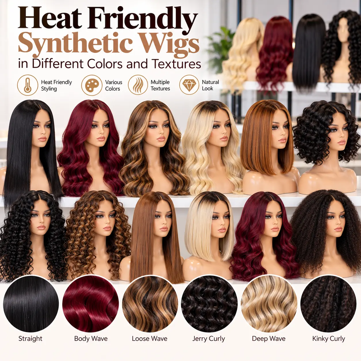 Heat friendly synthetic wigs in different colors and textures including straight wavy and curly styles