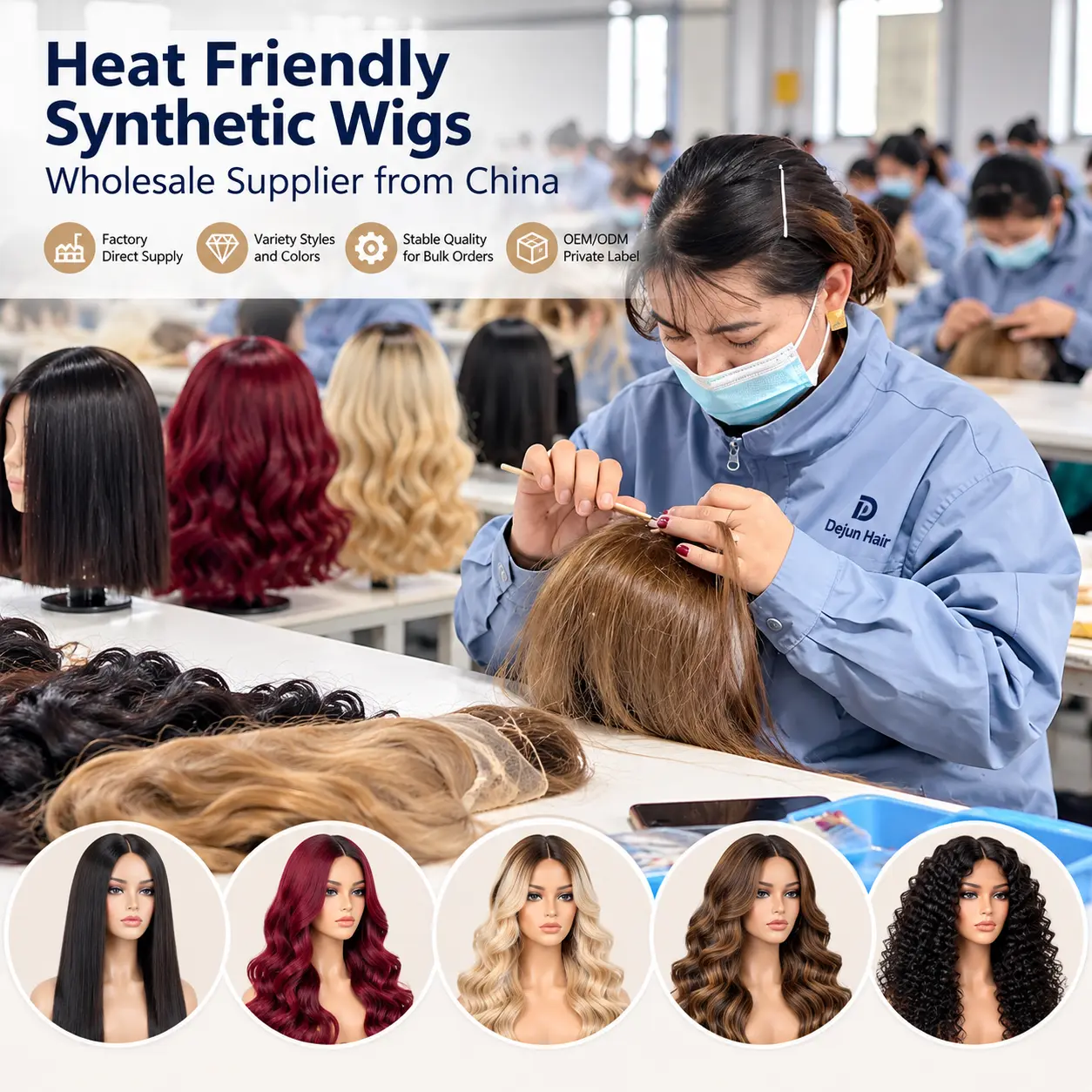 Heat friendly synthetic wigs wholesale supplier in China with factory wig production for bulk orders