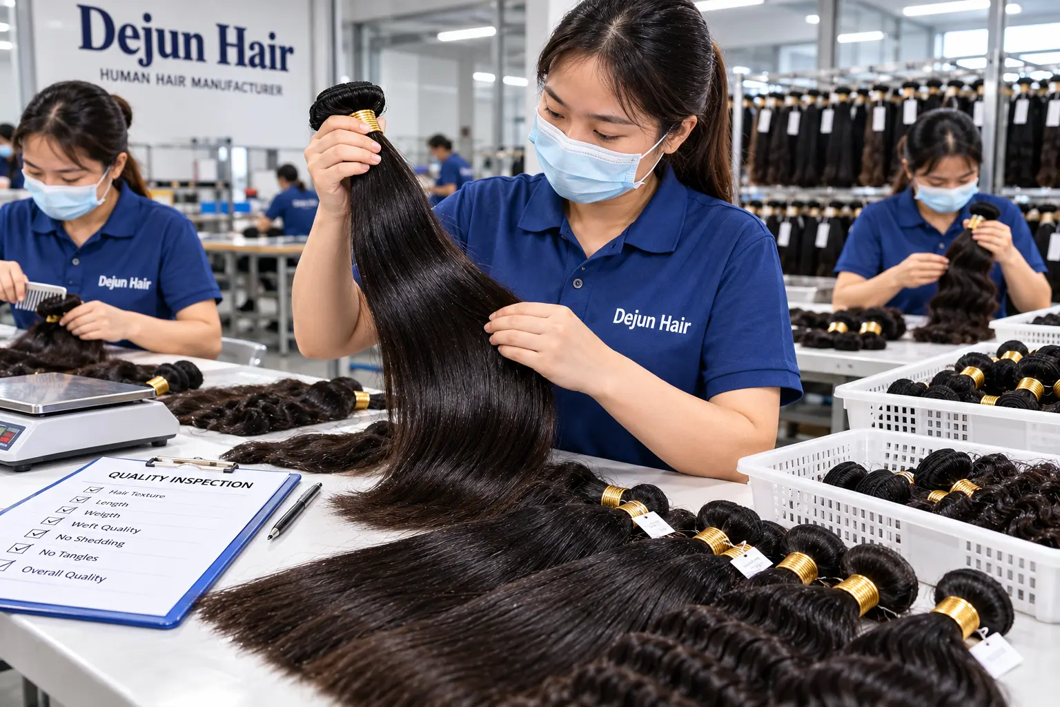 Dejun Hair factory workers inspecting human hair bundles for texture, length and weft quality before wholesale shipment