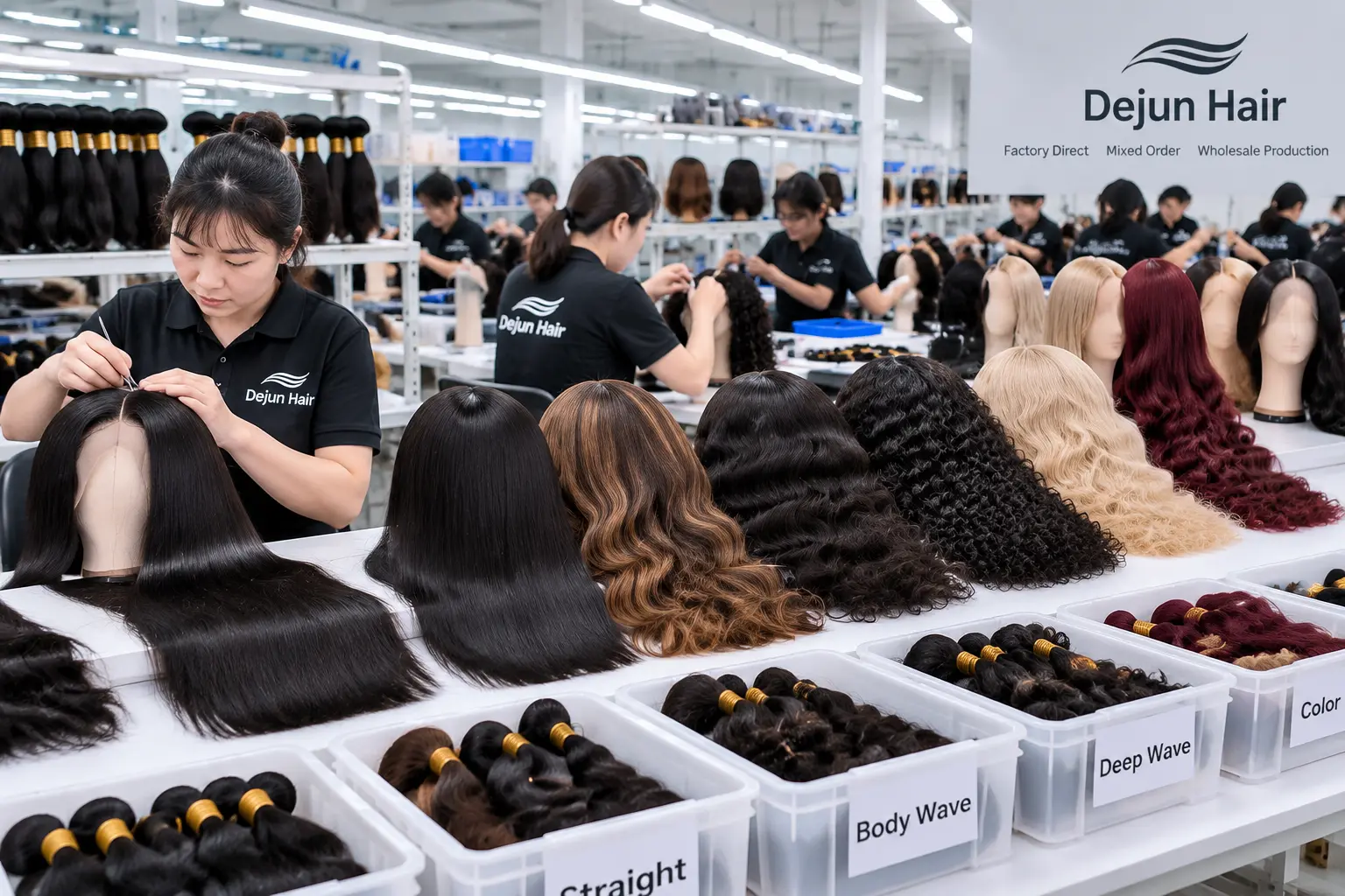 Human hair wig factory mixed order wholesale production with multiple wig styles for global hair business buyers