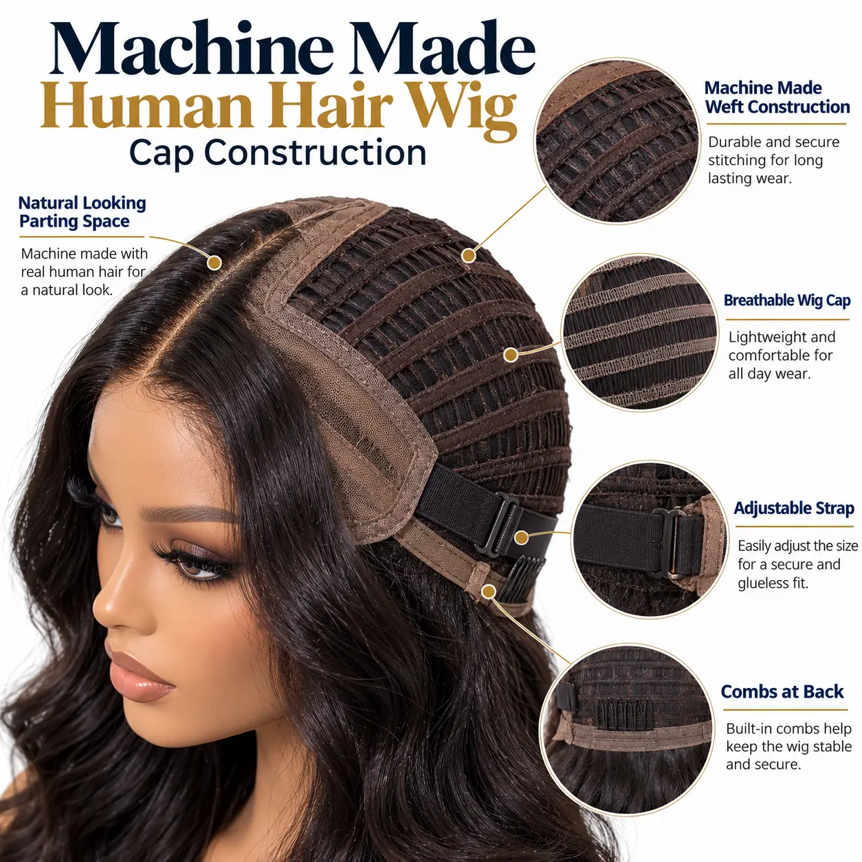 Machine made human hair wig cap construction with breathable wefts and adjustable straps
