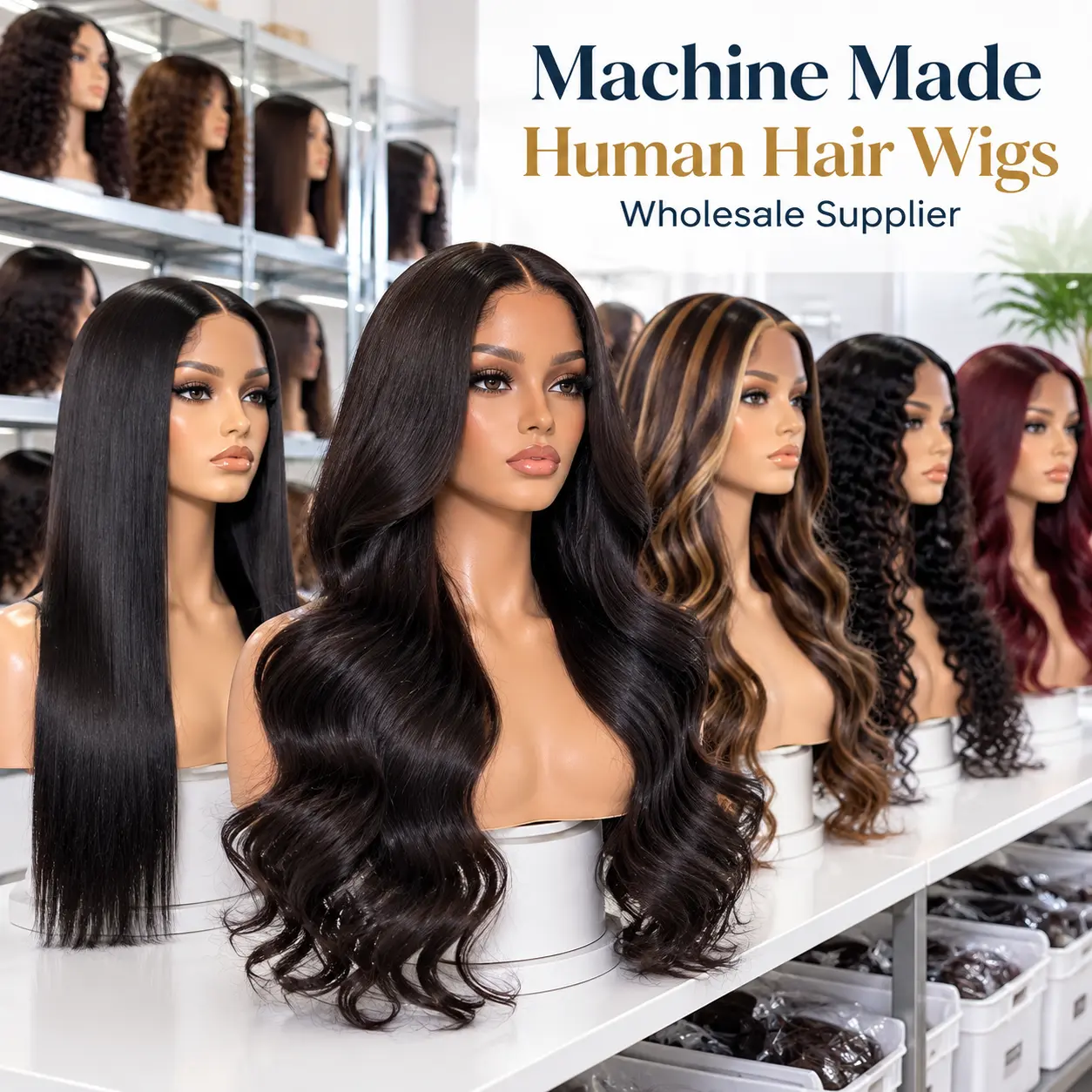 Machine made human hair wigs wholesale supplier offering multiple styles for hair businesses