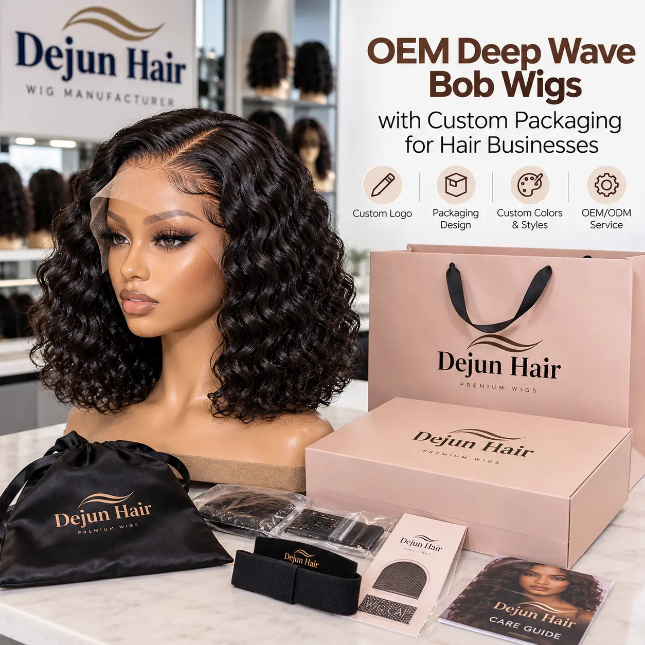 OEM deep wave bob wigs with custom private label packaging for hair businesses and wig retailers