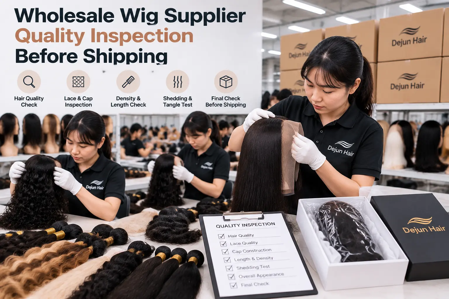OEM private label human hair wigs manufacturing process including customization, production, quality control, and packaging