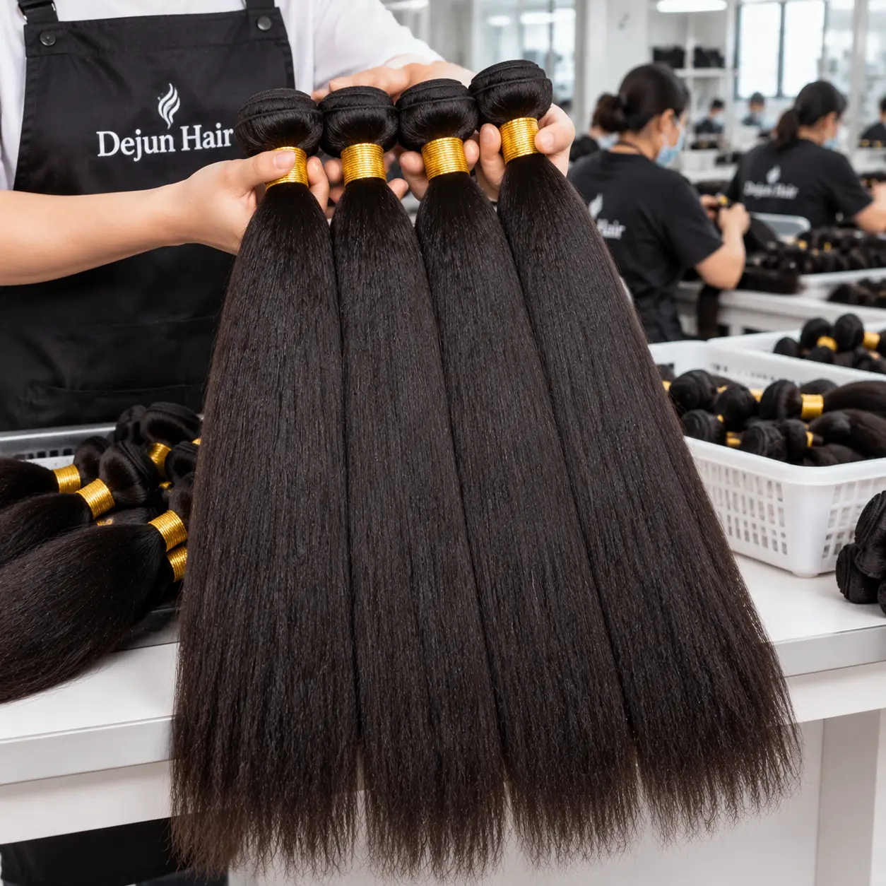 Premium Yaki straight human hair bundles from a factory supplier with professional production and quality control