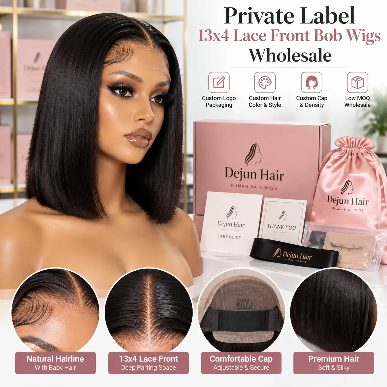 Private label 13x4 lace front bob wigs wholesale with custom packaging