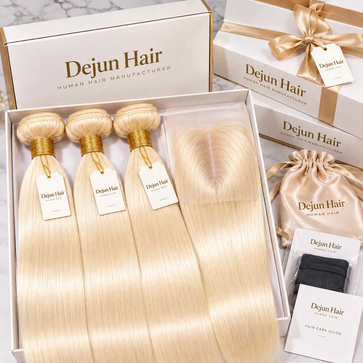 Private label 613 blonde human hair bundles with lace closure and custom Dejun Hair packaging