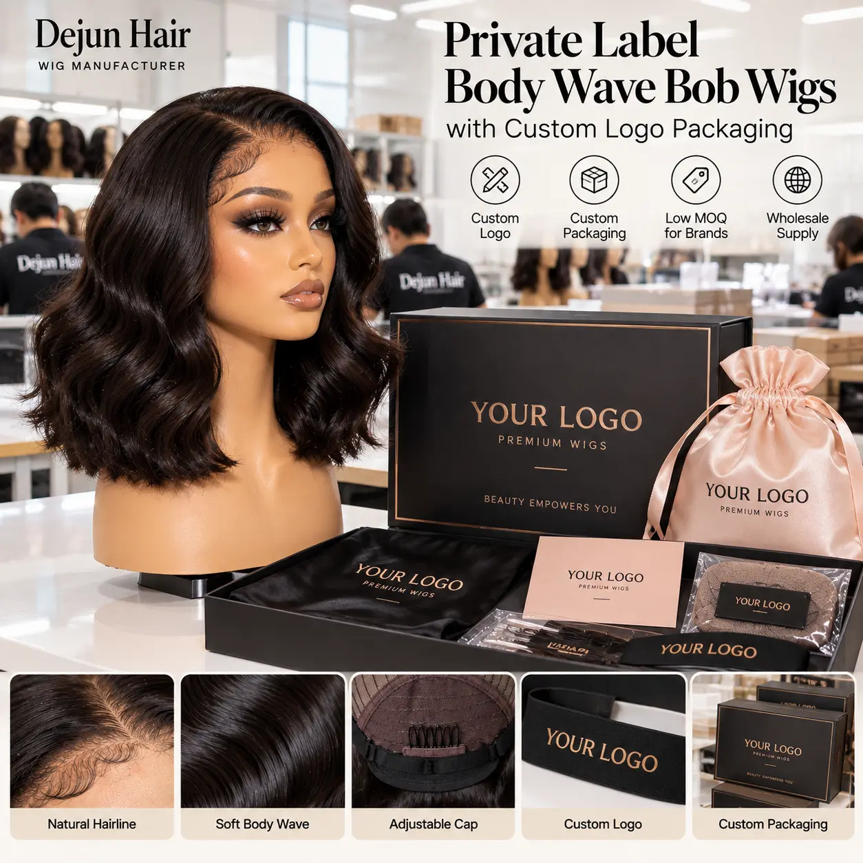 Private label body wave bob wigs with custom logo packaging for hair brands