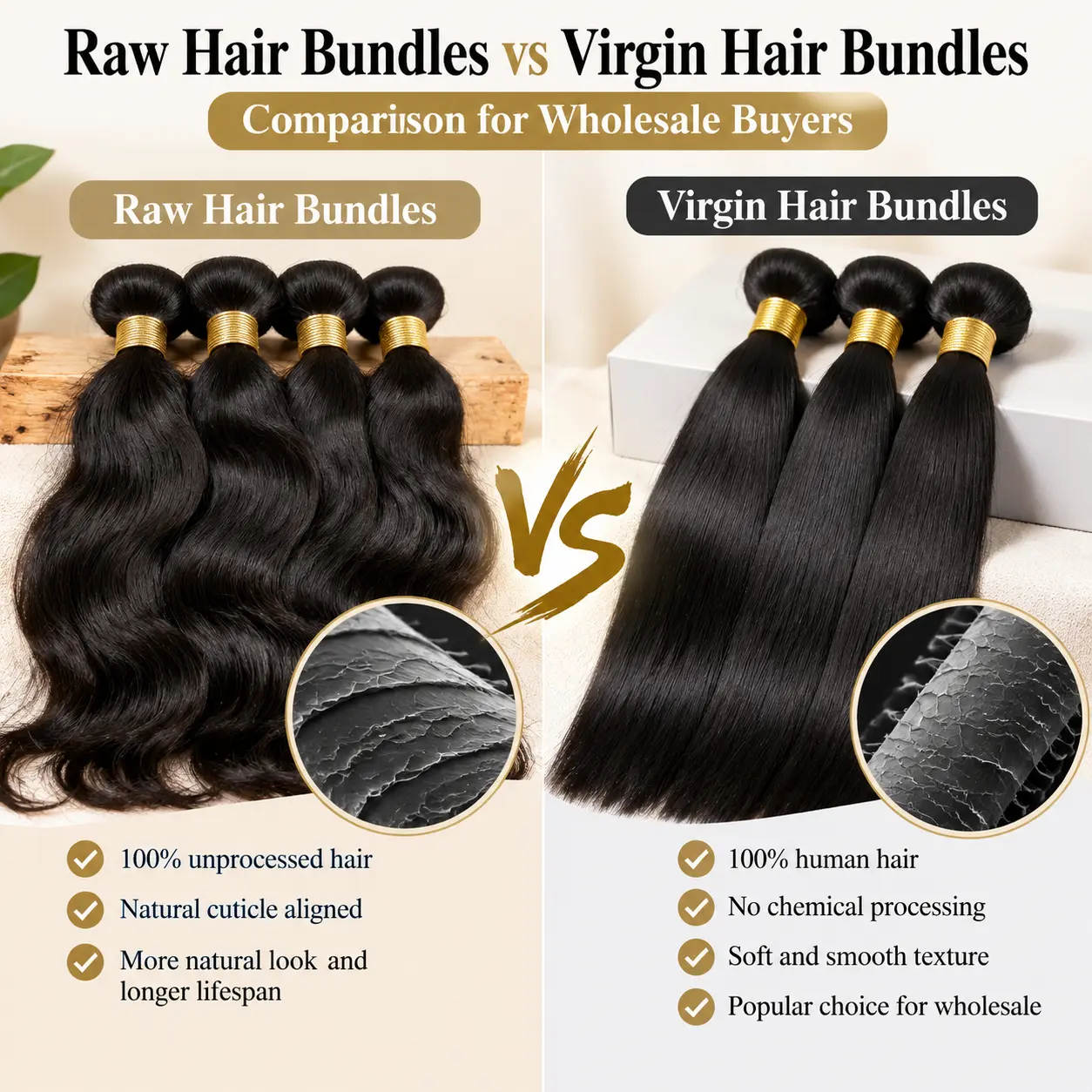 Raw hair bundles vs virgin hair bundles comparison showing different textures for wholesale buyers