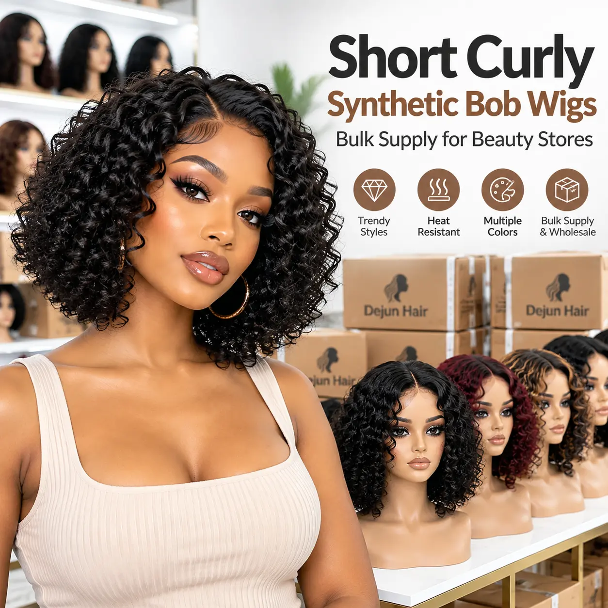 Short curly synthetic bob wigs bulk supply for beauty stores