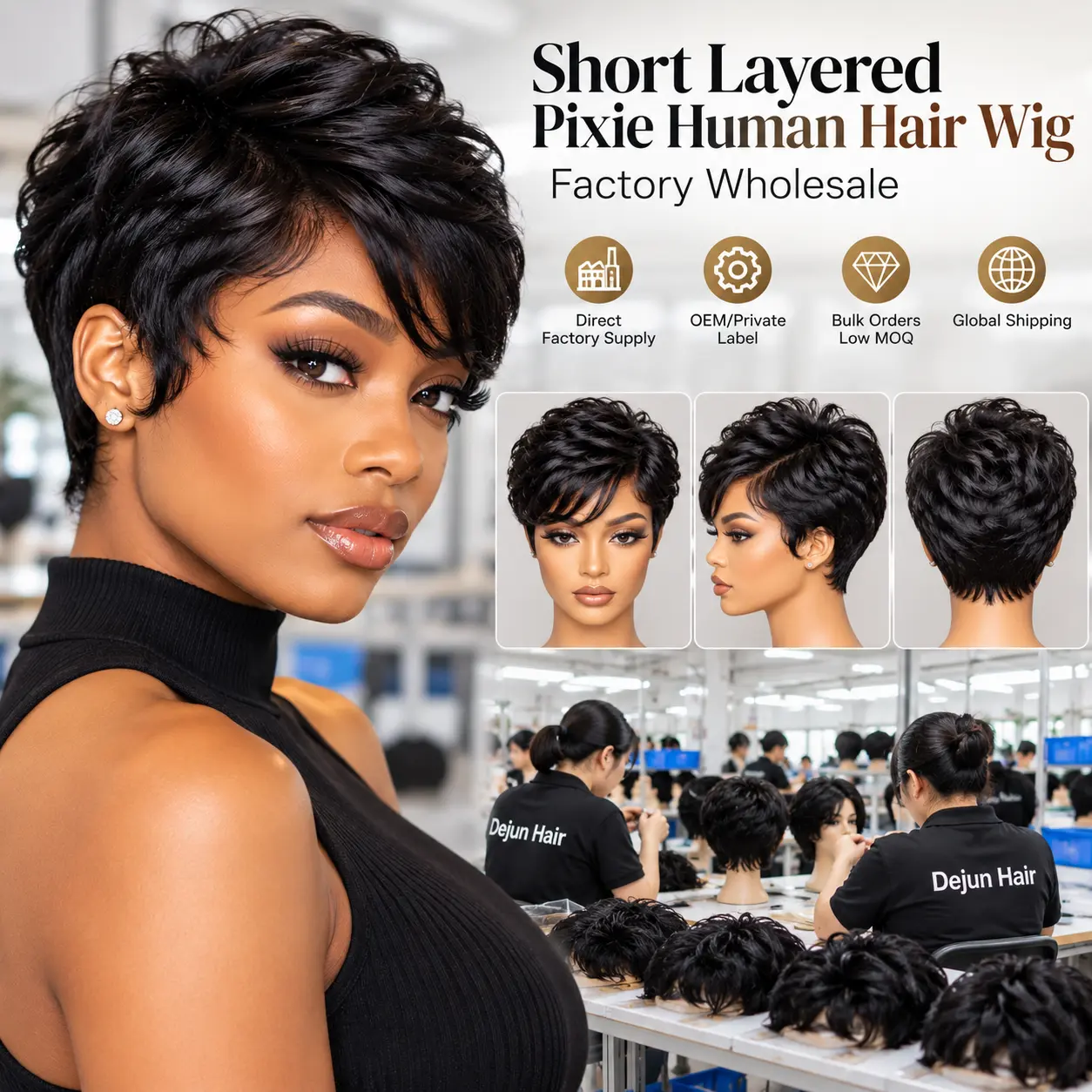 Short layered pixie human hair wig factory wholesale for salons and wig retailers