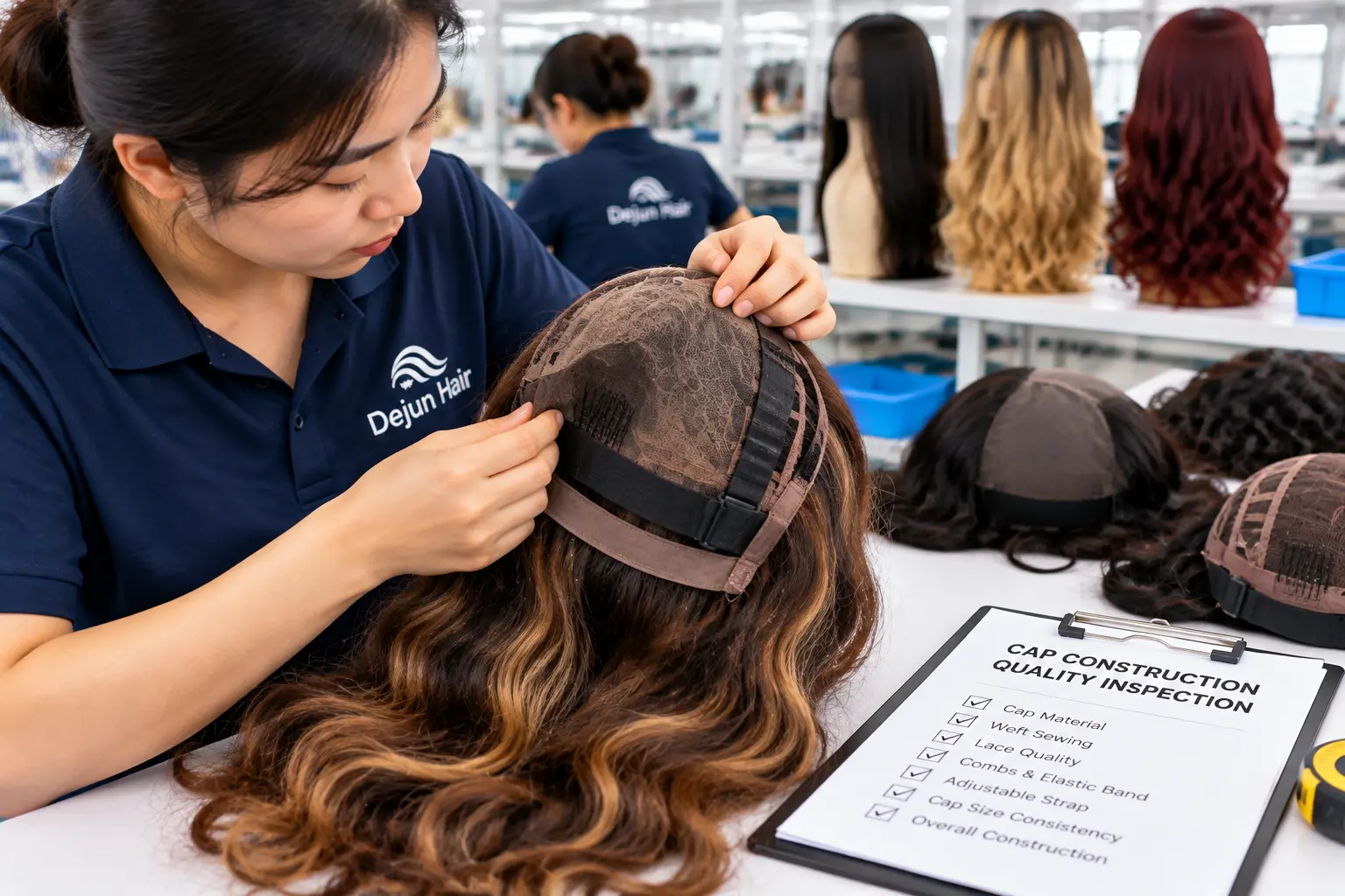 Synthetic wig cap construction quality inspection including lace, weft, and strap details