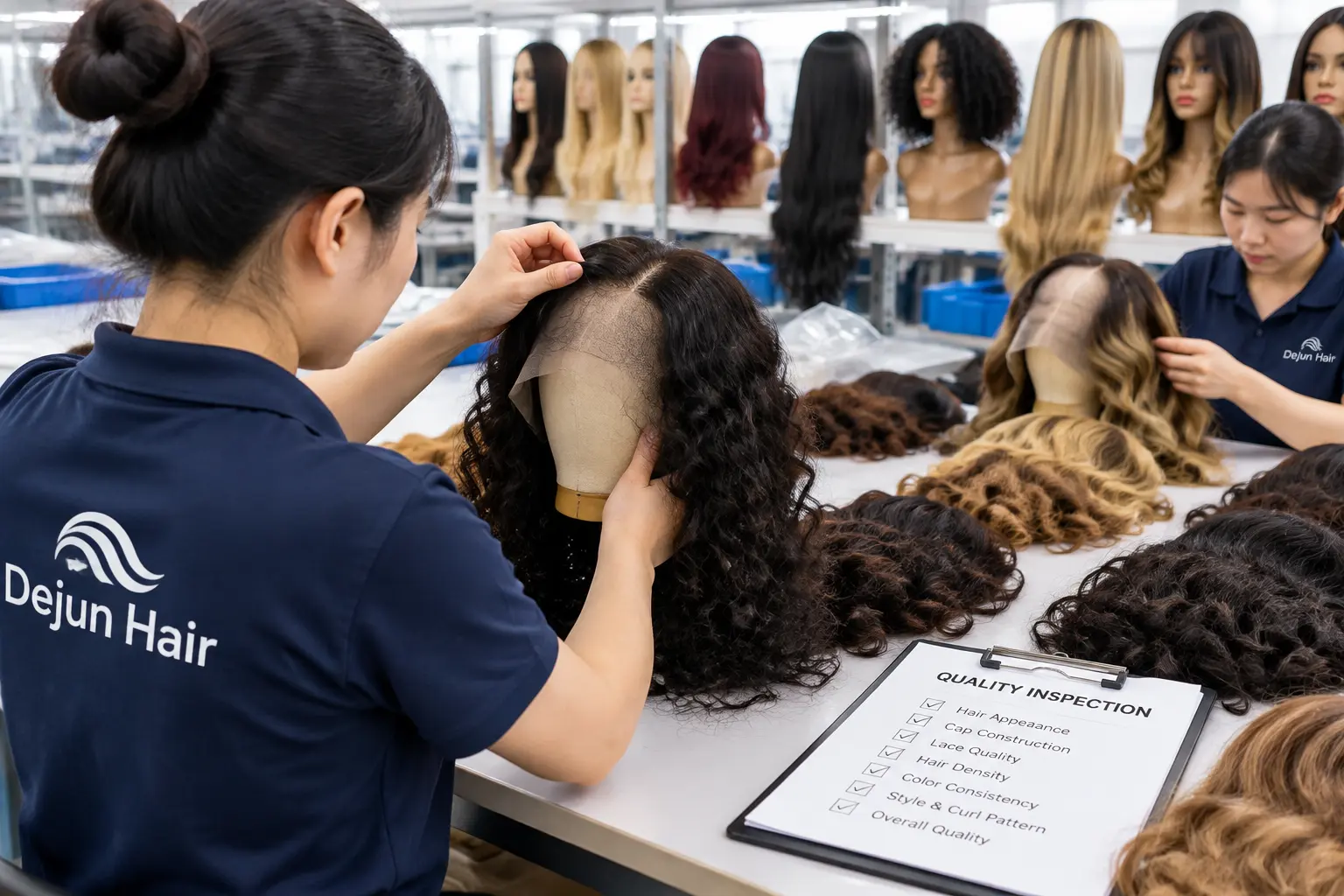 Check Synthetic wig quality inspection before bulk ordering at Dejun Hair factory