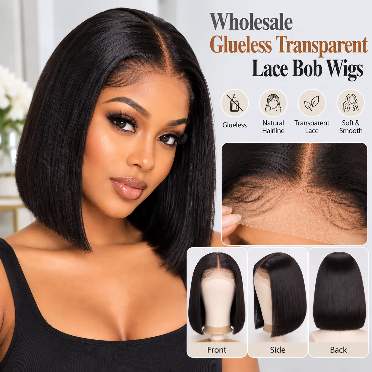Transparent lace human hair bob wigs wholesale for salons and retailers