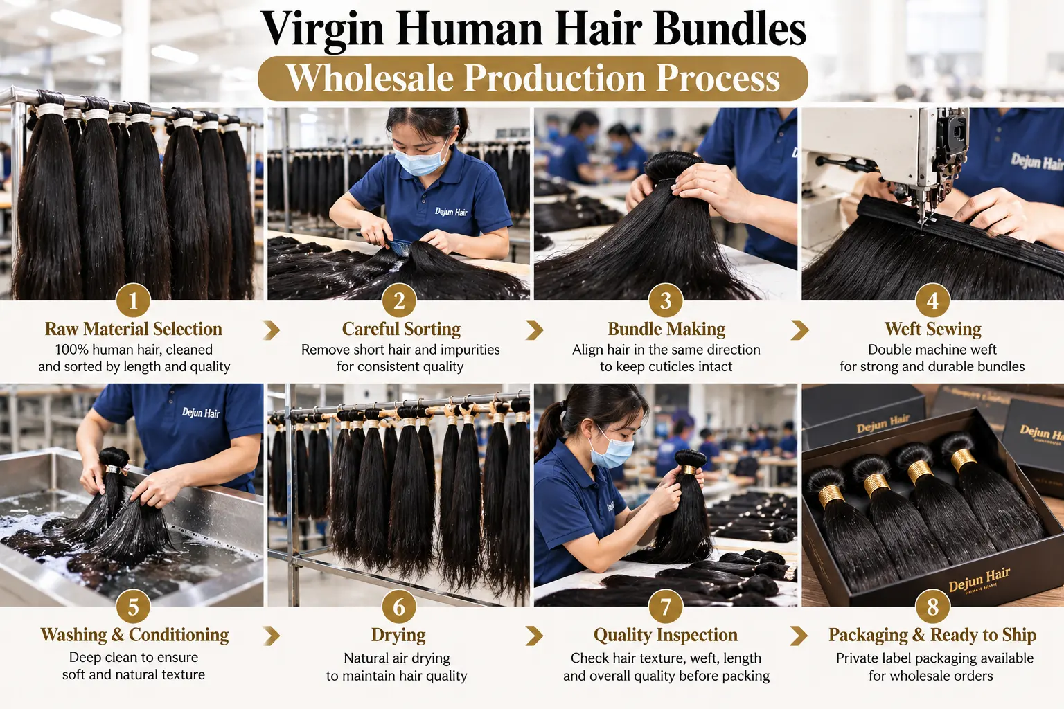 Premium raw human hair bundles in straight, wavy and curly textures from a China wholesale manufacturer