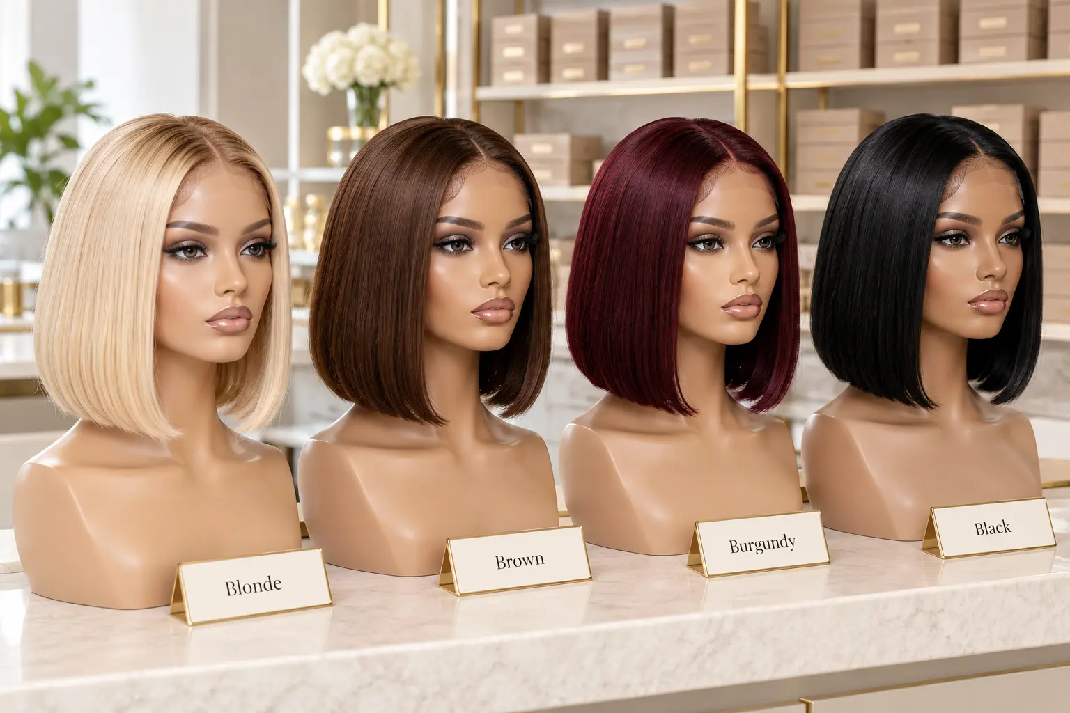 Wholesale bob wigs in blonde, brown, burgundy and black displayed on mannequin heads