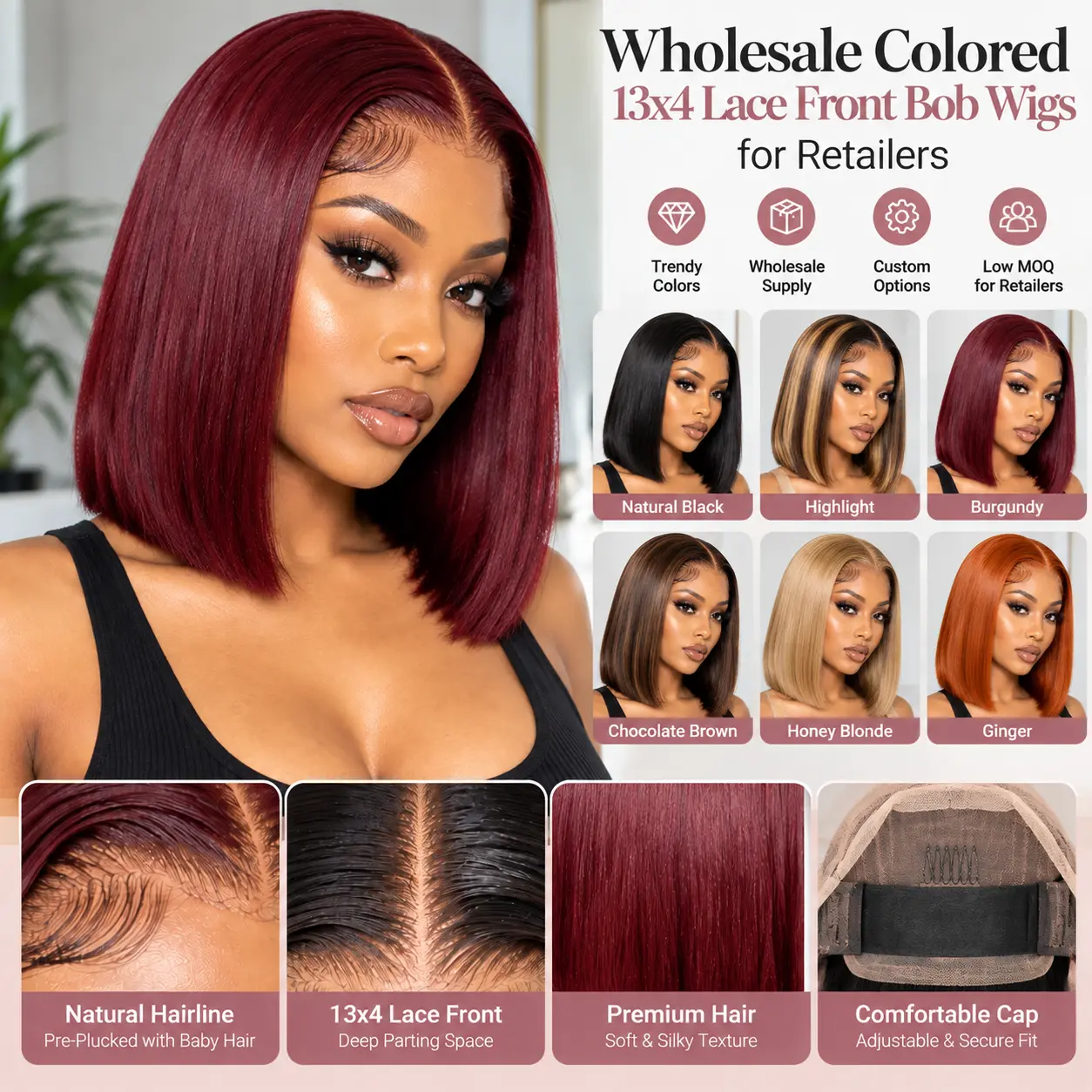 Wholesale colored 13x4 lace front bob wigs for retailers in multiple colors
