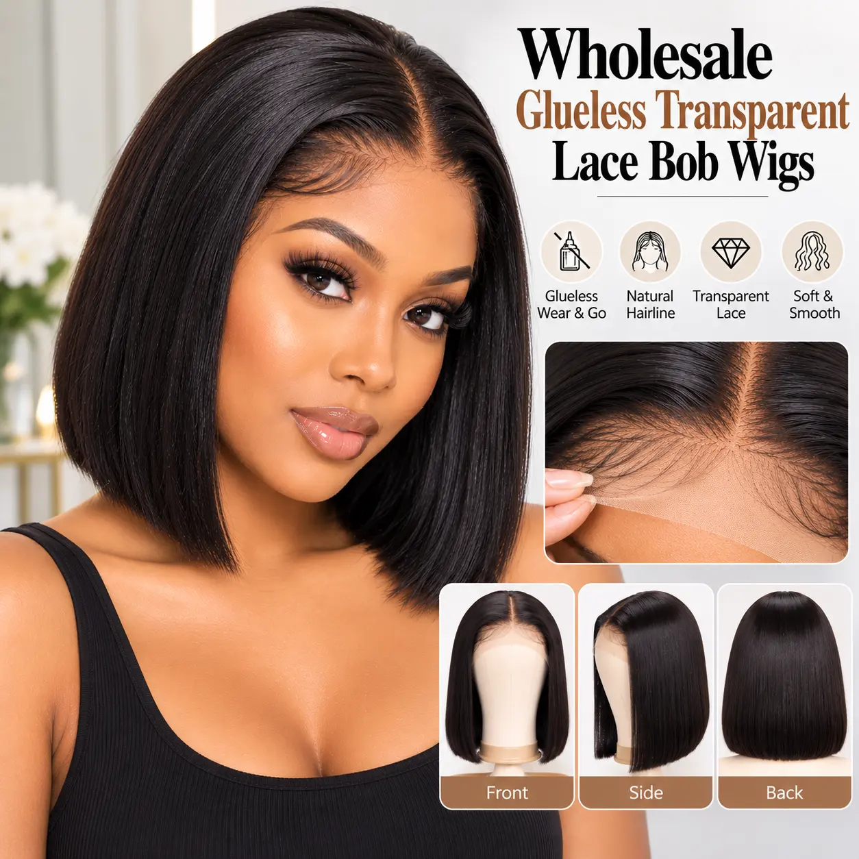 Wholesale glueless transparent lace bob wigs with natural-looking hairline