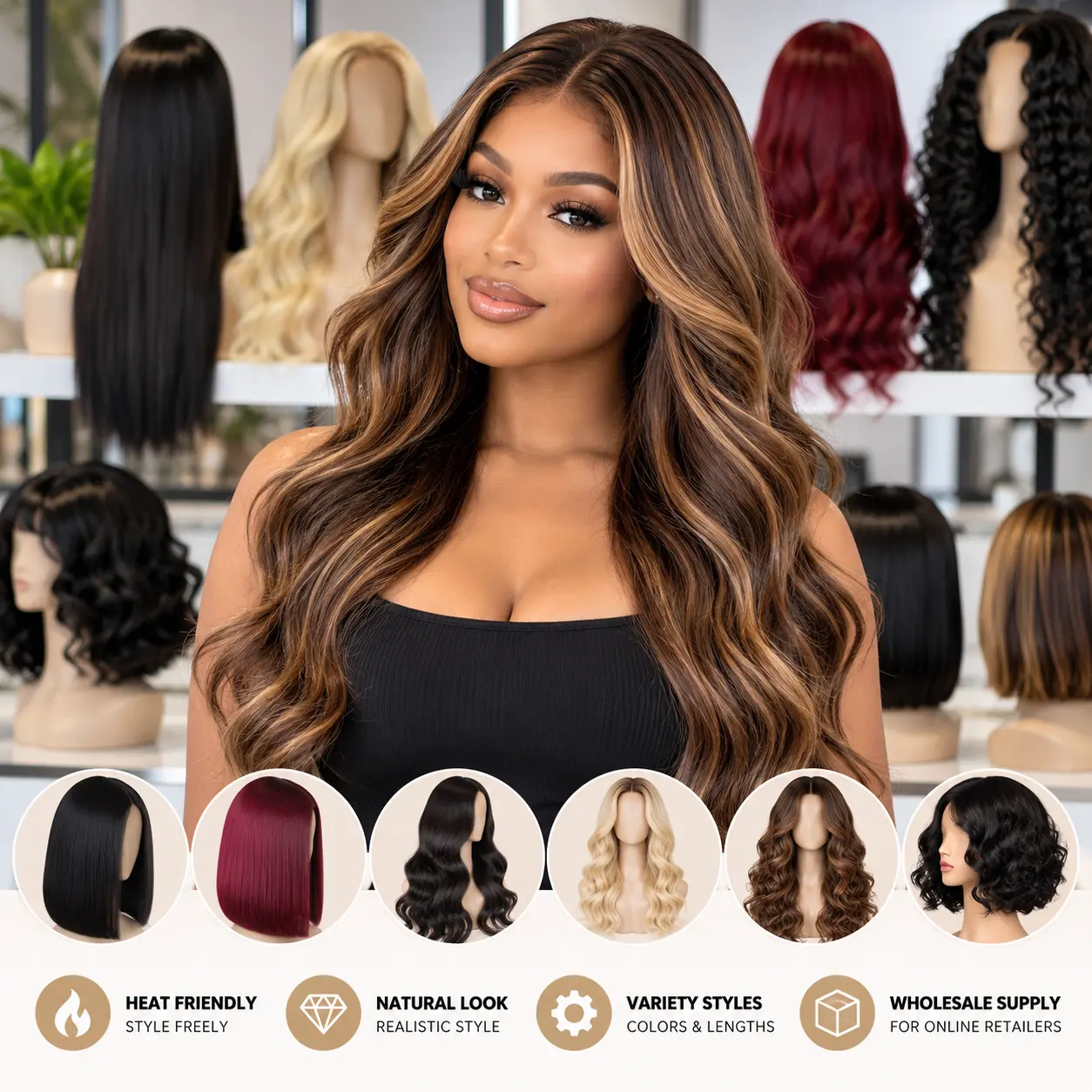 Wholesale heat-friendly synthetic wigs in various styles for online retailers and hair businesses