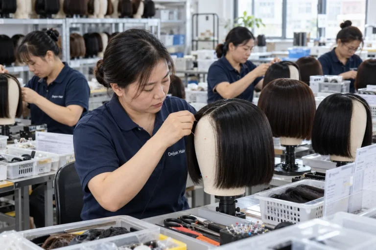 Human hair and synthetic bob wigs displayed in different styles for wholesale buyers