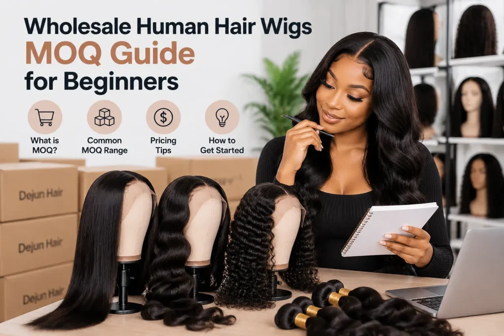 Wholesale human hair wigs MOQ guide for beginners explaining minimum order quantities for new wig business owners