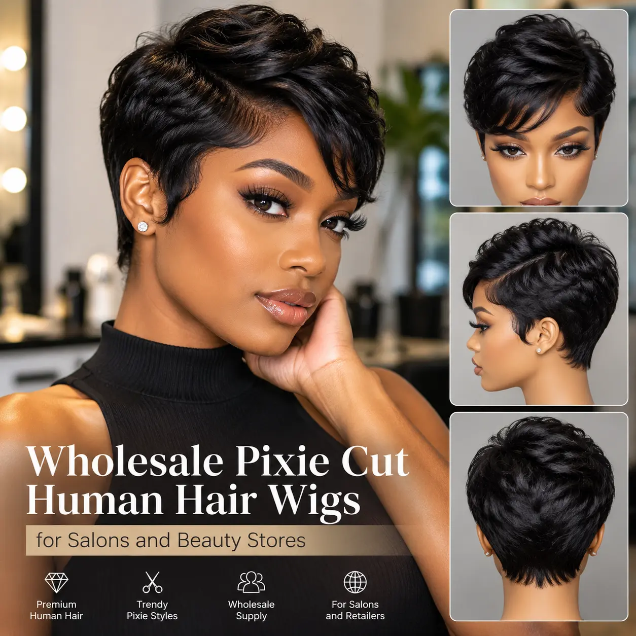 Wholesale pixie cut human hair wigs for salons and beauty stores