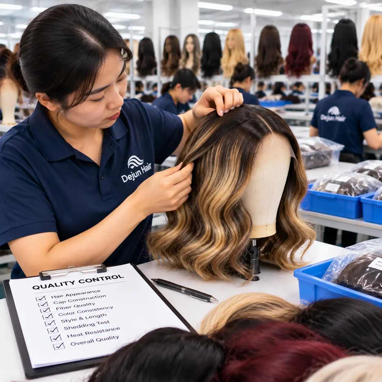 Wholesale synthetic wigs factory quality control process at Dejun Hair manufacturing facility